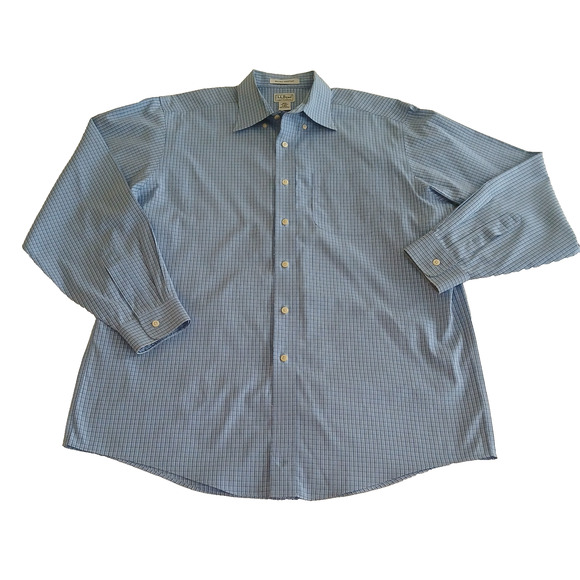 LL Bean Button Shirt Men's L Blue Check Long Sleeve Office Wrinkle Resistant - Picture 1 of 15